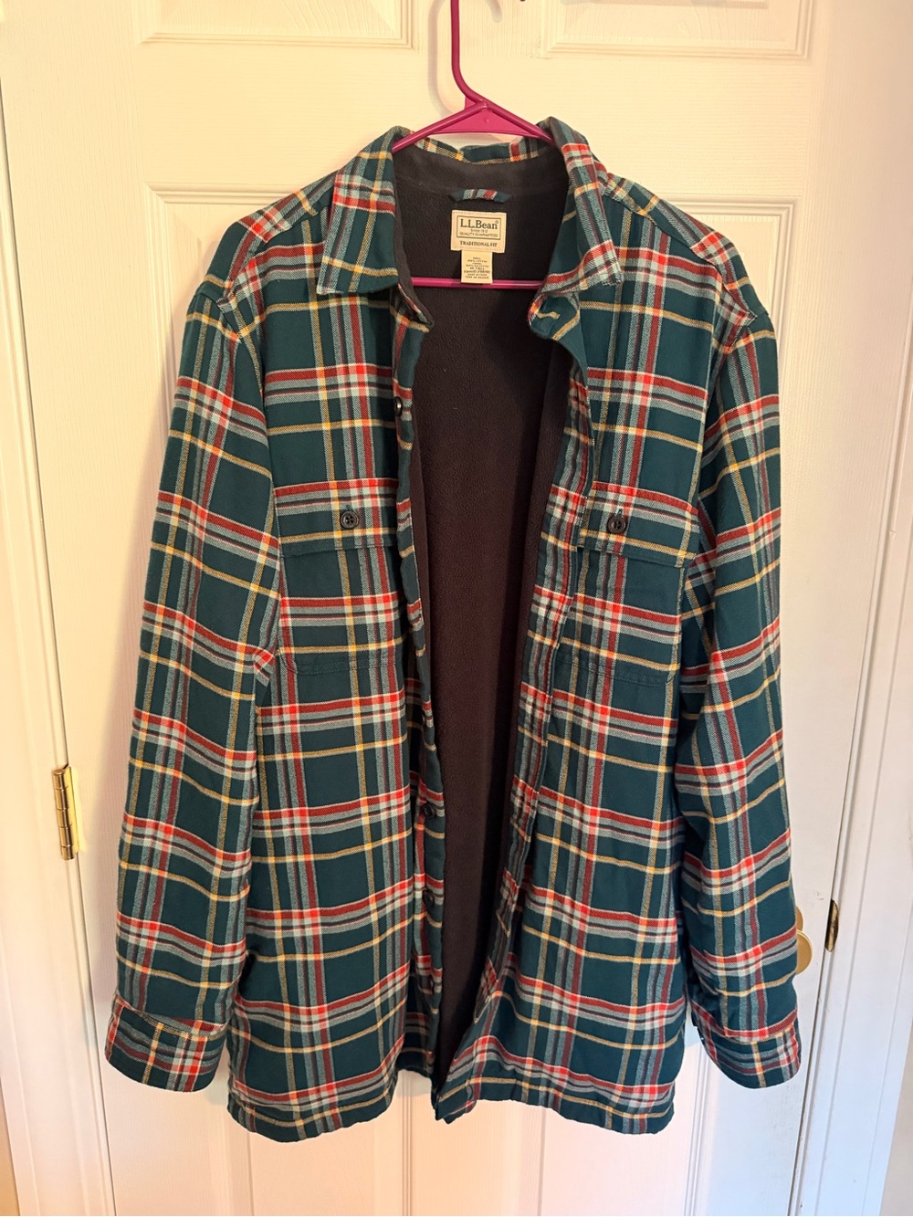 L.L. Bean Teal Plaid Shirt Jacket with Red and Cream Stripes